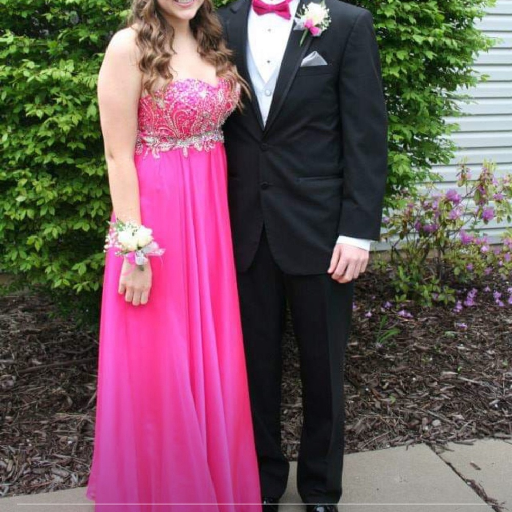 Hot Pink beaded strapless top flowy prom dress